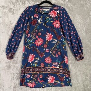 Loft Navy Blue Floral‎ Long Sleeve Knee Length Shift Dress Size XS Boho Peasant